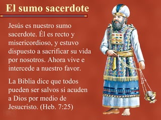 El sumo sacerdote
Jesús es nuestro sumo
sacerdote. Él es recto y
misericordioso, y estuvo
dispuesto a sacrificar su vida
por nosotros. Ahora vive e
intercede a nuestro favor.
La Biblia dice que todos
pueden ser salvos si acuden
a Dios por medio de
Jesucristo. (Heb. 7:25)
 