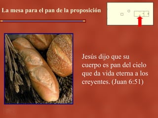 La mesa para el pan de la proposición




                             Jesús dijo que su
                             cuerpo es pan del cielo
                             que da vida eterna a los
                             creyentes. (Juan 6:51)
 
