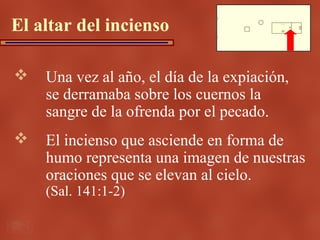El altar del incienso

   Una vez al año, el día de la expiación,
    se derramaba sobre los cuernos la
    sangre de la ofrenda por el pecado.
   El incienso que asciende en forma de
    humo representa una imagen de nuestras
    oraciones que se elevan al cielo.
    (Sal. 141:1-2)
 