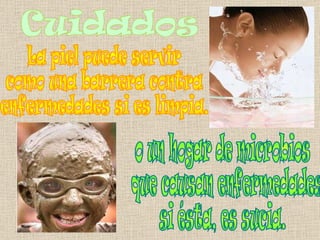 Cuidados La piel puede servir  como una barrera contra  enfermedades si es limpia. o un hogar de microbios que causan enfermedades  si ésta, es sucia. 