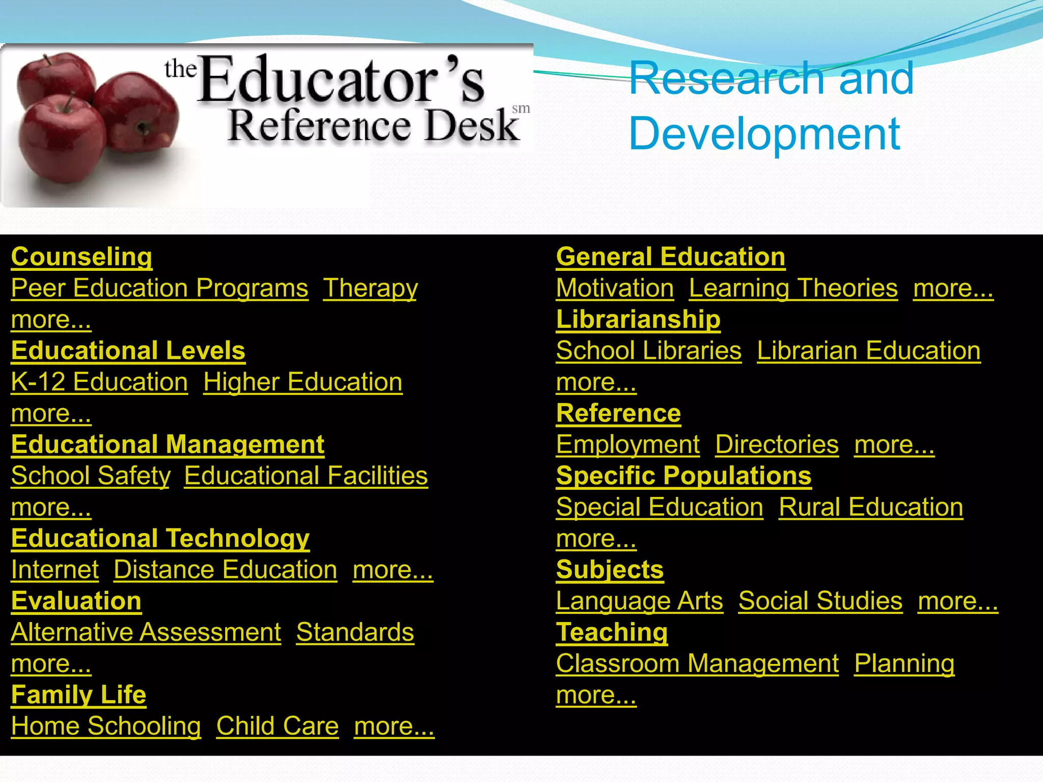 Research and
                                               Development

Counseling                               General Education
Peer Education Programs, Therapy,        Motivation, Learning Theories, more...
more...                                  Librarianship
Educational Levels                       School Libraries, Librarian Education,
K-12 Education, Higher Education,        more...
more...                                  Reference
Educational Management                   Employment, Directories, more...
School Safety, Educational Facilities,   Specific Populations
more...                                  Special Education, Rural Education,
Educational Technology                   more...
Internet, Distance Education, more...    Subjects
Evaluation                               Language Arts, Social Studies, more...
Alternative Assessment, Standards,       Teaching
more...                                  Classroom Management, Planning,
Family Life                              more...
Home Schooling, Child Care, more...
 
