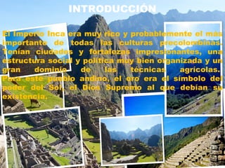 El Imperio Inca era muy rico y probablemente el más
importante de todas las culturas precolombinas.
Tenían ciudades y fortalezas impresionantes, una
estructura social y política muy bien organizada y un
gran dominio de las técnicas agrícolas. 
Para este pueblo andino, el oro era el símbolo del
poder del Sol, el Dios Supremo al que debían su
existencia. 
INTRODUCCIÓN
 