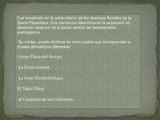 Fue construido en la parte inferior de los abanicos fluviales de la
Sierra Papanteca. Dos barrancos determinaron la expansión en
dirección norte-sur de la pared central del asentamiento
prehispánico.

Su núcleo, puede dividirse en cinco partes que corresponden a
niveles altimétricos diferentes:

Grupo Plaza del Arroyo,

La Zona Central,

La Gran Xicalcoliuhqui,

El Tajín Chico

el Conjunto de las Columnas.
 