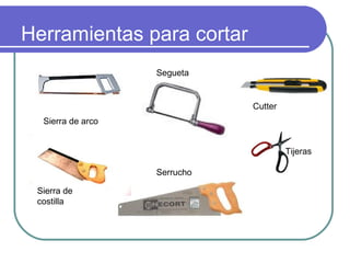 Herramientas para cortar
Tijeras
Sierra de arco
Cutter
Serrucho
Sierra de
costilla
Segueta
 