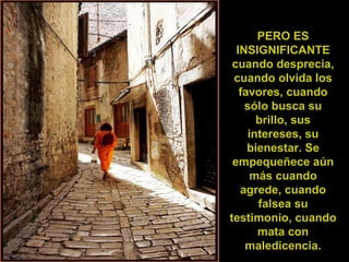 PERO ES INSIGNIFICANTE cuando desprecia, cuando olvida los favores, cuando sólo busca su brillo, sus intereses, su bienestar. Se empequeñece aún más cuando agrede, cuando falsea su testimonio, cuando mata con maledicencia. 