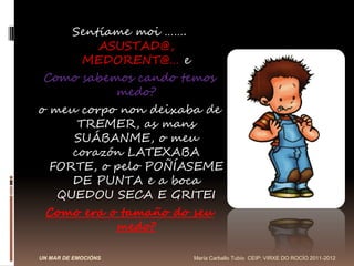 Sentíame moi …….
         ASUSTAD@,
       MEDORENT@… e
 Como sabemos cando temos
           medo?
o meu corpo non deixaba de
      TREMER, as mans
     SUÁBANME, o meu
     corazón LATEXABA
  FORTE, o pelo POÑÍASEME
     DE PUNTA e a boca
   QUEDOU SECA E GRITEI
 Como era o tamaño do seu
           medo?

UN MAR DE EMOCIÓNS   María Carballo Tubío CEIP: VIRXE DO ROCÍO 2011-2012
 