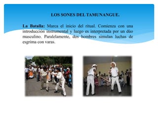 LOS SONES DEL TAMUNANGUE.
La Batalla: Marca el inicio del ritual. Comienza con una
introducción instrumental y luego es interpretada por un dúo
masculino. Paralelamente, dos hombres simulan luchas de
esgrima con varas.
 