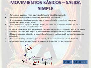 MOVIMIENTOS BÁSICOS – SALIDA
               SIMPLE
•   1-Partiendo de la posición inicial, la pareja debe flexionar las rodillas levemente.
•   2-Ambos realizan una paso hacia el costado, manteniendo dicha flexión.
•   3-El hombre, con un paso hacia adelante, cruza su pie derecho, ella retrocediendo cruza su pie
    izquierdo, ya no están frente a frente.
•   4-Luego manteniendo la posición de su pie derecho, él avanza con el izquierdo, mientras que ella se
    afirma con el izquierdo y retrocede el derecho.
•   5-El hombre mueve su pie derecho hasta juntarlo con el izquierdo, girando su hombro derecho con un leve
    movimiento hacia atrás, esto obliga a su compañera a cruzar su pie izquierdo por delante del derecho.
•   6-Ella queda obligada a retroceder su pie derecho, afirmando el izquierdo, es allí cuando él avanza con su
    pie izquierdo.
•   7-Este envión los obliga a realizar un paso al costado, ella con su pie izquierdo y él con el derecho.
•   8-Ambos deben juntar sus pies, ella con un movimiento del derecho y él con el izquierdo.




                                                                                 INICIO       SIGUIENTE
 