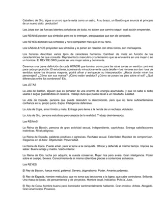 Caballero de Oro, sigue a un oro que le evita como un astro. A su brazo, un Bastón que anuncia el principio
de un nuevo ciclo: ¡evolución!

Las Jotas son las fuerzas latentes portadoras de duda, no saben que camino seguir, cual acción emprender.

Las REINAS poseen sus símbolos pero no lo entregan, preocupadas que son de conocerlo.

Los REYES dominan sus símbolos y no lo comparten mas que en su reino.

Los CABALLEROS proyectan sus símbolos y lo ponen en relación con otros reinos, son mensajeros.

Los honores describen varios tipos de caracteres humanos. Cambian de matiz en función de las
características del que consulta. Representa lo masculino y lo femenino que se encuentra en una mujer o en
un hombre: El REY DE ORO puede ser una mujer sabia y dominante.

Daremos una breve definición de cada HONOR que tomara, como para las otras cartas un sentido contrario
para cada proposición. El estudiante, observando minuciosamente cada detalle – los honores son tan ricos de
sentidos sobre los Arcanos mayores, podrá afinar y enriquecer su interpretación. ¿Hacia donde miran los
personajes? ¿Cómo son sus manos? ¿Cómo están vestidos? ¿Cómo se posan los pies sobre el sol? ¿Qué
diferencias entre los sombreros? Etc.

Las JOTAS

La Jota de Bastón, alguien que es portador de una enorme de energía acumulada, y que no sabe si debe
usarla o seguir guardándola en reserva. Trabajo duro que puede llevar a un resultado. Lealtad.

La Jota de Espada, persona que puede descubrir lo desconocido, pero que no tiene suficientemente
confianza en su propio juicio. Espía. Inteligencia defensiva.

La Jota de Copa, amor tímido y mata. Entrega pero teme a la herida de un rechazo. Adulador.

La Jota de Oro, persona estudiosa pero alejada de la realidad. Trabajo desinteresado.

Las REINAS

La Reina de Bastón, persona de gran actividad sexual, independiente, caprichosa. Entrega satisfacciones
instintivas. Rival peligroso.

La Reina de Espada, palabras positivas o agresivas. Rechazo sexual. Esterilidad. Rapidez de comprensión.
Elegancia en el dolor. Objetividad. Perversidad.

La Reina de Copa, Puede amar, pero le teme a la conquista. Ofrece y defiende al mismo tiempo. Impone su
saber. Buena amiga y madre. Visión interior.

La Reina de Oro, lucha por adquirir, le cuesta conservar. Mujer rica pero avara. Gran inteligencia. Poder
sobre el cuerpo. Severa. Conocimiento de si misma obtenidos gracias a contenidos esfuerzos.

Los REYES

El Rey de Bastón, fuerza moral, paternal. Severo, dogmatismo. Poder. Amante poderoso.

El Rey de Espada, hombre meticuloso que no toma sus decisiones a la ligera, que sabe controlarse. Brillante.
Una masa de ideas, de pensamientos y de proyectos. Hombre cruel, indicativo. Policía. Juez.

El Rey de Copa, hombre bueno pero dominador sentimentalmente hablando. Gran místico. Artista. Abogado.
Gran enamorado. Posesivo.
 