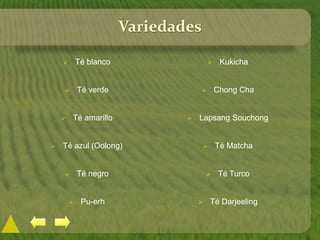 Variedades
 Té blanco
 Té verde
 Té amarillo
 Té azul (Oolong)
 Té negro
 Pu-erh
 Kukicha
 Chong Cha
 Lapsang Souchong
 Té Matcha
 Té Turco
 Té Darjeeling
 
