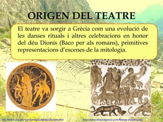 ORIGEN DEL TEATRE
            El teatre va sorgir a Grècia com una evolució de
            les danses rituals i altres cel...