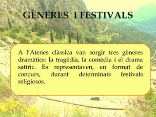 GÈNERES I FESTIVALS


A l’Atenes clàssica van sorgir tres gèneres
dramàtics: la tragèdia, la comèdia i el drama
satíric. E...