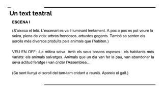 Un text teatral
ESCENA I
(S’aixeca el teló. L’escenari es va il·luminant lentament. A poc a poc es pot veure la
selva, plena de vida: arbres frondosos, arbustos gegants. També se senten els
sorolls més diversos produïts pels animals que l’habiten.)
VEU EN OFF: -La mítica selva. Amb els seus boscos espesos i els habitants més
variats: els animals salvatges. Animals que un dia van fer la pau, van abandonar la
seva actitud ferotge i van cridar l’Assemblea…
(Se sent llunyà el soroll del tam-tam cridant a reunió. Apareix el gall.)
 