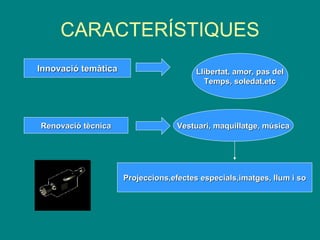 CARACTERÍSTIQUES Innovació temàtica Llibertat, amor, pas del Temps, soledat,etc Renovació tècnica Vestuari, maquillatge, música Projeccions,efectes especials,imatges, llum i so 