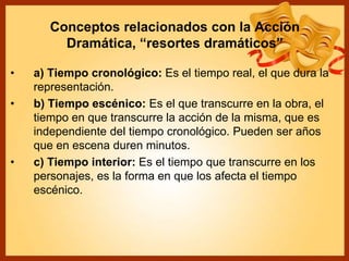Conceptos relacionados con la Acción
Dramática, “resortes dramáticos”
• a) Tiempo cronológico: Es el tiempo real, el que dura la
representación.
• b) Tiempo escénico: Es el que transcurre en la obra, el
tiempo en que transcurre la acción de la misma, que es
independiente del tiempo cronológico. Pueden ser años
que en escena duren minutos.
• c) Tiempo interior: Es el tiempo que transcurre en los
personajes, es la forma en que los afecta el tiempo
escénico.
 