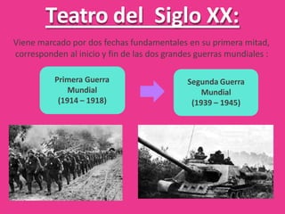 Teatro del Siglo XX:
Viene marcado por dos fechas fundamentales en su primera mitad,
corresponden al inicio y fin de las dos grandes guerras mundiales :
Primera Guerra
Mundial
(1914 – 1918)
Segunda Guerra
Mundial
(1939 – 1945)
 
