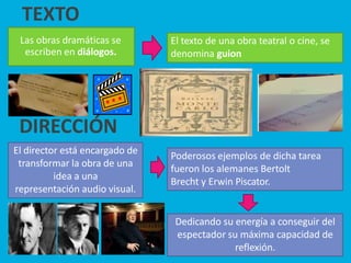 TEXTO
El director está encargado de
transformar la obra de una
idea a una
representación audio visual.
Las obras dramáticas se
escriben en diálogos.
Poderosos ejemplos de dicha tarea
fueron los alemanes Bertolt
Brecht y Erwin Piscator.
Dedicando su energía a conseguir del
espectador su máxima capacidad de
reflexión.
El texto de una obra teatral o cine, se
denomina guion
DIRECCIÓN
 