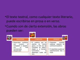 •El texto teatral, como cualquier texto literario,
puede escribirse en prosa o en verso.
•Cuando son de cierta extensión, las obras
pueden ser:
 