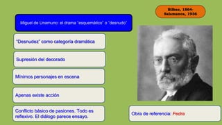Bilbao, 1864-
Salamanca, 1936
Miguel de Unamuno: el drama “esquemático” o “desnudo”
“Desnudez” como categoría dramática
Supresión del decorado
Mínimos personajes en escena
Apenas existe acción
Conflicto básico de pasiones. Todo es
reflexivo. El diálogo parece ensayo.
Obra de referencia: Fedra
 