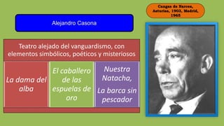 Cangas de Narcea,
Asturias, 1903, Madrid,
1965
Alejandro Casona
Teatro alejado del vanguardismo, con
elementos simbólicos, poéticos y misteriosos
La dama del
alba
El caballero
de las
espuelas de
oro
Nuestra
Natacha,
La barca sin
pescador
 