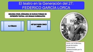 El teatro en la Generación del 27:
FEDERICO GARCÍA LORCA
Lorca, con la Barraca,
grupo de teatro
universitario
subvencionado por la
 