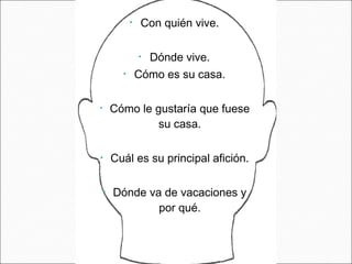 • Con quién vive.
• Dónde vive.
• Cómo es su casa.
• Cómo le gustaría que fuese
su casa.
• Cuál es su principal afición.
• Dónde va de vacaciones y
por qué.
 