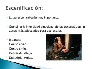  La zona central es la más importante.
 Combinar la intensidad emocional de las escenas con las
zonas más adecuadas para expresarla.
 6 partes:
• Centro abajo.
• Centro arriba.
• Dcha/izda. Abajo.
• Dcha/izda. Arriba. 
 