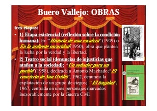 Buero Vallejo: OBRAS
tres etapas:
• 1) Etapa existencial (reflexión sobre la condición
   humana): En “Historia de una escalera” (1949) o
   En la ardiente oscuridad (1950), obra que plantea
   la lucha por la verdad y la libertad.
• 2) Teatro social (denuncias de injusticias que
   atañen a la sociedad): “Un soñador para un
   pueblo”(1958), dedicada a Antonio Machado;“El
   concierto de San Ovidio”, 1962, denuncia la
   explotación de un grupo de ciegos; “El tragaluz”,
   1967, centrada en unos personajes marcados
   inexorablemente por la Guerra Civil.
 