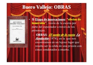 Buero Vallejo: OBRAS

  • 3) Etapa de innovaciones: “efectos de
    inmersión”, visión de la escena por
    parte del espectador a través de los
    personajes.
     – OBRAS: El sueño de la razón, La
       fundación (1974), en la que nos
       encontramos en un lujoso lugar que
       resulta ser la celda de una prisión con
       cinco condenados a muerte.
 