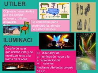 UTILER
ÍA
ILUMINACI
ÓN
Objetos o herramientas
que los actores
mueven y utilizan
durante laactuación. Se consideran parte
de la escenografía, aunque
no estén estáticos.
Diseño de luces
que cobran vida y se
movilizan junto a la
trama de la obra.
El
a
e
m
diseñador de
iluminación yuda a la
apreciación de
ociones
mediante diferentes colores
de luz.
 