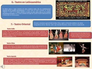 Se tienen pocas y vagas nociones de cómo pudieron haber sido las manifestaciones
escénicas de los pueblos precolombinos, la mayor parte de éstas consistían en rituales
religiosos. A partir de la época colonial, el teatro se basa sobre todo en los modelos
procedentes de España. No es hasta mediados del siglo XX cuando el teatro latinoamericano
se desarrolla con temas propios
El teatro oriental en general (de la India, China, Japón y el Sureste asiático), son obras
integradoras de las diversas artes que mezclan literatura, danza, música y espectáculo.
El teatro indio floreció en los siglos IV y V, el eje de las obras eran las cuestiones espirituales. Los
escenarios tenían una decoración laboriosa. Las marionetas y el teatro danzado, especialmente el
kathakali, han sido también muy apreciados en varios momentos de la historia de la India. En otros lugares
del Sureste asiático, el teatro de marionetas es la forma dominante, en especial el wayang kulit, o
marionetas de sombras, en Java.
El teatro chino empezó a desarrollarse en el siglo XIV; era muy literario y tenía convenciones muy
estrictas. Desde el siglo XIX, sin embargo, ha sido dominado por la ópera de Pekín. En ella se da una
importancia primordial a la interpretación, el canto, la danza y las acrobacias más que al texto literario.
El teatro japonés comenzó en el siglo VII (d.C.) y es quizá el más complejo de Oriente. Sus dos géneros más conocidos son el
teatro nô y el kabuki. El apogeo del nô tuvo lugar en el siglo XV. El kabuki data del siglo XVI y es más popular en estilo y
contenido. Otros géneros dramáticos japoneses son el bugaku, un refinado teatro danzado, así como un teatro de
marionetas o muñecos llamado bunraku,. Todas las formas dramáticas se apoyan en el ritual, la danza y la tradición. Son
elegantes y bellas, y ponen el énfasis en valores opuestos a los del teatro occidental.
Teatro de títeres Indio. Esta antigua forma de
narración se originó en la isla de Java. Durante
diez siglos el wayang se desarrolló en las cortes
reales de Java y Bali, así como en las zonas
rurales
 