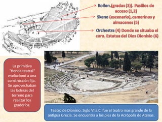 La primitiva
“tienda teatral”
evolucionó a una
construcción fija.
Se aprovechaban
las laderas del
terreno para
realizar los
graderíos.
Teatro de Dionisio. Siglo VI a.C. fue el teatro mas grande de la
antigua Grecia. Se encuentra a los pies de la Acrópolis de Atenas.
 