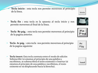 • Tecla inicio : esta tecla nos permite movernos al principio
   de la línea.



• Tecla fin : esta tecla es la opuesta al tecla inicio y nos
  permite movernos al final de la línea.

• Tecla Re pág. : esta tecla nos permite movernos al principio
  de la pagina anterior.


• Tecla Av pág. : esta tecla nos permite movernos al principio
  de la pagina siguiente



• Tecla insert: Esta tecla conmuta entre el modo de edición
  Sobrescribir (si estamos al principio de una palabra y
  escribimos, se sobrescribirá el texto existente) e Insertar (si
  estamos al principio de una palabra y escribimos, el texto
  existente se irá desplazando hacia la derecha).
 