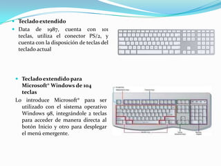  Teclado extendido
 Data de 1987, cuenta con 101
  teclas, utiliza el conector PS/2, y
  cuenta con la disposición de teclas del
  teclado actual




  Teclado extendido para
   Microsoft® Windows de 104
   teclas
 Lo introduce Microsoft® para ser
   utilizado con el sistema operativo
   Windows 98, integrándole 2 teclas
   para acceder de manera directa al
   botón Inicio y otro para desplegar
   el menú emergente.
 