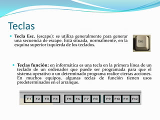 Teclas
 Tecla Esc. (escape): se utiliza generalmente para generar
  una secuencia de escape. Está situada, normalmente, en la
  esquina superior izquierda de los teclados.



  Teclas función: en informática es una tecla en la primera línea de un
   teclado de un ordenador que puede ser programada para que el
   sistema operativo o un determinado programa realice ciertas acciones.
   En muchos equipos, algunas teclas de función tienen usos
   predeterminados en el arranque.
 