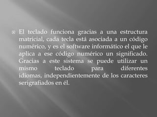    El teclado funciona gracias a una estructura
    matricial, cada tecla está asociada a un código
    numérico, y es el software informático el que le
    aplica a ese código numérico un significado.
    Gracias a este sistema se puede utilizar un
    mismo         teclado       para      diferentes
    idiomas, independientemente de los caracteres
    serigrafiados en él.
 
