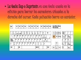 • La tecla Sup o Suprimir: es una tecla usada en la
  edición para borrar los caracteres situados a la
  derecha del cursor. Cada pulsación borra un carácter.
 