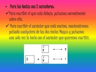 • Para las teclas con 2 caracteres:
Para escribir el que está debajo, pulsamos normalmente
 sobre ella.
 Para escribir el carácter que está encima, mantendremos
 pulsada cualquiera de las dos teclas Mayus y pulsamos
 una sola vez la tecla con el carácter que queremos escribir.
 