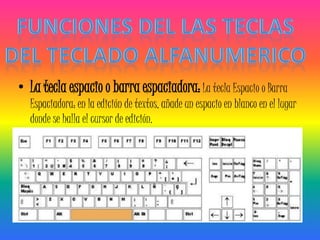 • La tecla espacio o barra espaciadora: La tecla Espacio o Barra
  Espaciadora: en la edición de textos, añade un espacio en blanco en el lugar
  donde se halla el cursor de edición.
 