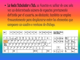 • La tecla Tabulador o Tab: su función es saltar de una sola
  vez un determinado número de espacios previamente
  definido por el usuario; no obstante, también se emplea
  frecuentemente para desplazarse entre los elementos que
  componen un cuadro o ventana de diálogo.
 