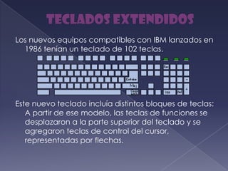 Los nuevos equipos compatibles con IBM lanzados en
1986 tenían un teclado de 102 teclas.
Este nuevo teclado incluía distintos bloques de teclas:
A partir de ese modelo, las teclas de funciones se
desplazaron a la parte superior del teclado y se
agregaron teclas de control del cursor,
representadas por flechas.
 