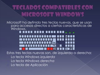 Microsoft ha definido tres teclas nuevas, que se usan
para accesos directos a ciertas características de
Windows.
Estas tres teclas nuevas son, de izquierda a derecha:
 La tecla Windows izquierda
 La tecla Windows derecha
 La tecla de Aplicación
 