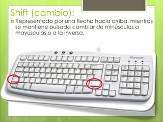 Shift (cambio):
 Representado por una flecha hacia arriba, mientras
se mantiene pulsada cambiar de minúsculas a
mayúsculas o a la inversa.
 