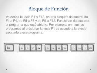 Bloque de Función
Va desde la tecla F1 a F12, en tres bloques de cuatro: de
F1 a F4, de F5 a F8 y de F9 a F12. Funcionan de acuerdo
al programa que esté abierto. Por ejemplo, en muchos
programas al presionar la tecla F1 se accede a la ayuda
asociada a ese programa.
 