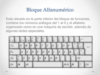 Bloque Alfanumérico
Está ubicado en la parte inferior del bloque de funciones,
contiene los números arábigos del 1 al 0 y el alfabeto
organizado como en una máquina de escribir, además de
algunas teclas especiales.
 