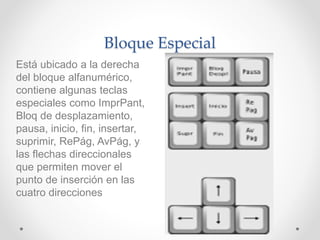 Bloque Especial
Está ubicado a la derecha
del bloque alfanumérico,
contiene algunas teclas
especiales como ImprPant,
Bloq de desplazamiento,
pausa, inicio, fin, insertar,
suprimir, RePág, AvPág, y
las flechas direccionales
que permiten mover el
punto de inserción en las
cuatro direcciones
 