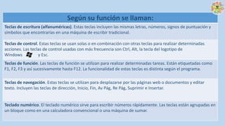 Según su función se llaman:
Teclas de escritura (alfanuméricas). Estas teclas incluyen las mismas letras, números, signos de puntuación y
símbolos que encontrarías en una máquina de escribir tradicional.
Teclas de control. Estas teclas se usan solas o en combinación con otras teclas para realizar determinadas
acciones. Las teclas de control usadas con más frecuencia son Ctrl, Alt, la tecla del logotipo de
Windows y Esc.
Teclas de función. Las teclas de función se utilizan para realizar determinadas tareas. Están etiquetadas como
F1, F2, F3 y así sucesivamente hasta F12. La funcionalidad de estas teclas es distinta según el programa.
Teclas de navegación. Estas teclas se utilizan para desplazarse por las páginas web o documentos y editar
texto. Incluyen las teclas de dirección, Inicio, Fin, Av Pág, Re Pág, Suprimir e Insertar.
Teclado numérico. El teclado numérico sirve para escribir números rápidamente. Las teclas están agrupadas en
un bloque como en una calculadora convencional o una máquina de sumar.
 