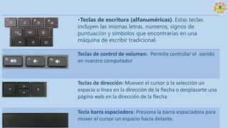 •Teclas de escritura (alfanuméricas). Estas teclas
incluyen las mismas letras, números, signos de
puntuación y símbolos que encontrarías en una
máquina de escribir tradicional.
Teclas de control de volumen: Permite controlar el sonido
en nuestro computador
Teclas de dirección: Mueven el cursor o la selección un
espacio o línea en la dirección de la flecha o desplazarte una
página web en la dirección de la flecha
Tecla barra espaciadora: Presiona la barra espaciadora para
mover el cursor un espacio hacia delante.
 