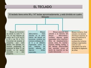 El teclado tiene entre 99 y 147 teclas aproximadamente, y está dividido en cuatro
bloques:
Bloque de funciones:
Va desde la tecla F1 a
F12, en tres bloques de
cuatro: de F1 a F4, de F5
a F8 y de F9 a F12.
Funcionan de acuerdo al
programa que esté
abierto. Por ejemplo, en
muchos programas al
presionar la tecla F1 se
accede a la ayuda
asociada a ese
programa.
Bloque
alfanumérico: Está
ubicado en la parte
inferior del bloque de
funciones, contiene los
números arábigos del 1
al 0 y el alfabeto
organizado como en
una máquina de
escribir, además de
algunas teclas
especiales.
Bloque especial: Está
ubicado a la derecha del
bloque alfanumérico,
contiene algunas teclas
especiales como ImprPant,
Bloq de desplazamiento,
pausa, inicio, fin, insertar,
suprimir, RePág, AvPág, y
las flechas direccionales
que permiten mover el
punto de inserción en las
cuatro direcciones
Bloque numérico: Está
ubicado a la derecha
del bloque especial, se
activa al presionar la
tecla Bloq Num,
contiene los números
arábigos organizados
como en una
calculadora con el fin
de facilitar la digitación
de cifras
EL TECLADO
 