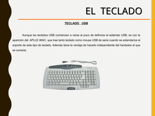 EL TECLADO
TECLADO USB
Aunque los teclados USB comienzan a verse al poco de definirse el estándar USB, es con la
aparición del APLLE iMAC, que trae tanto teclado como mouse USB de serie cuando se estandariza el
soporte de este tipo de teclado. Además tiene la ventaja de hacerlo independiente del hardware al que
se conecta.
 